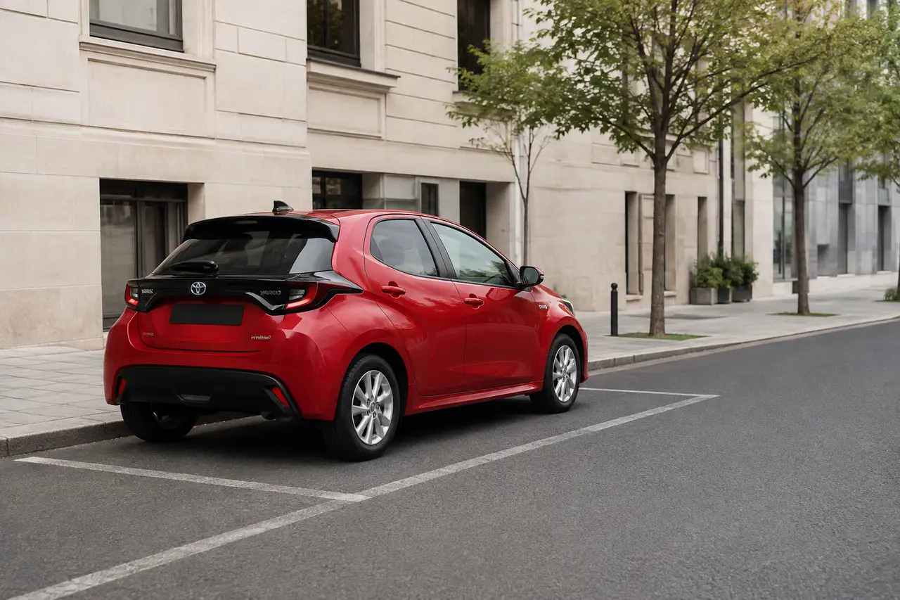 Piros Toyota Yaris Hybrid parkolóhelyen, hátulnézetből